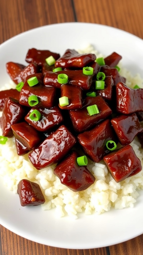 Crispy Mongolian beef served over rice, garnished with green onions on a rustic table.